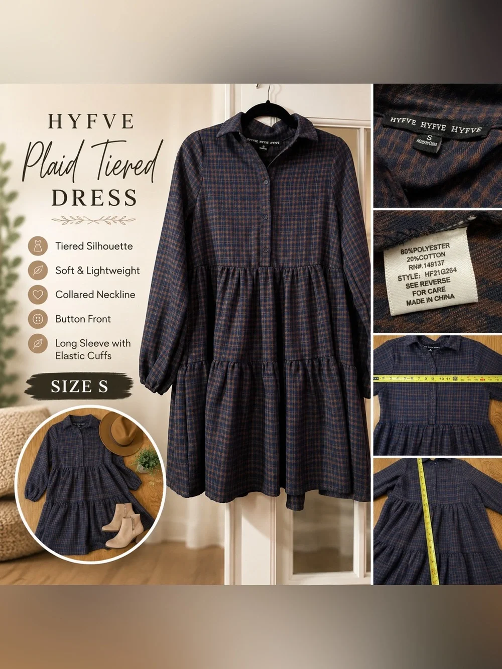 NWT-HYFVE Plaid Tiered Button-Front Dress - Navy & Brown